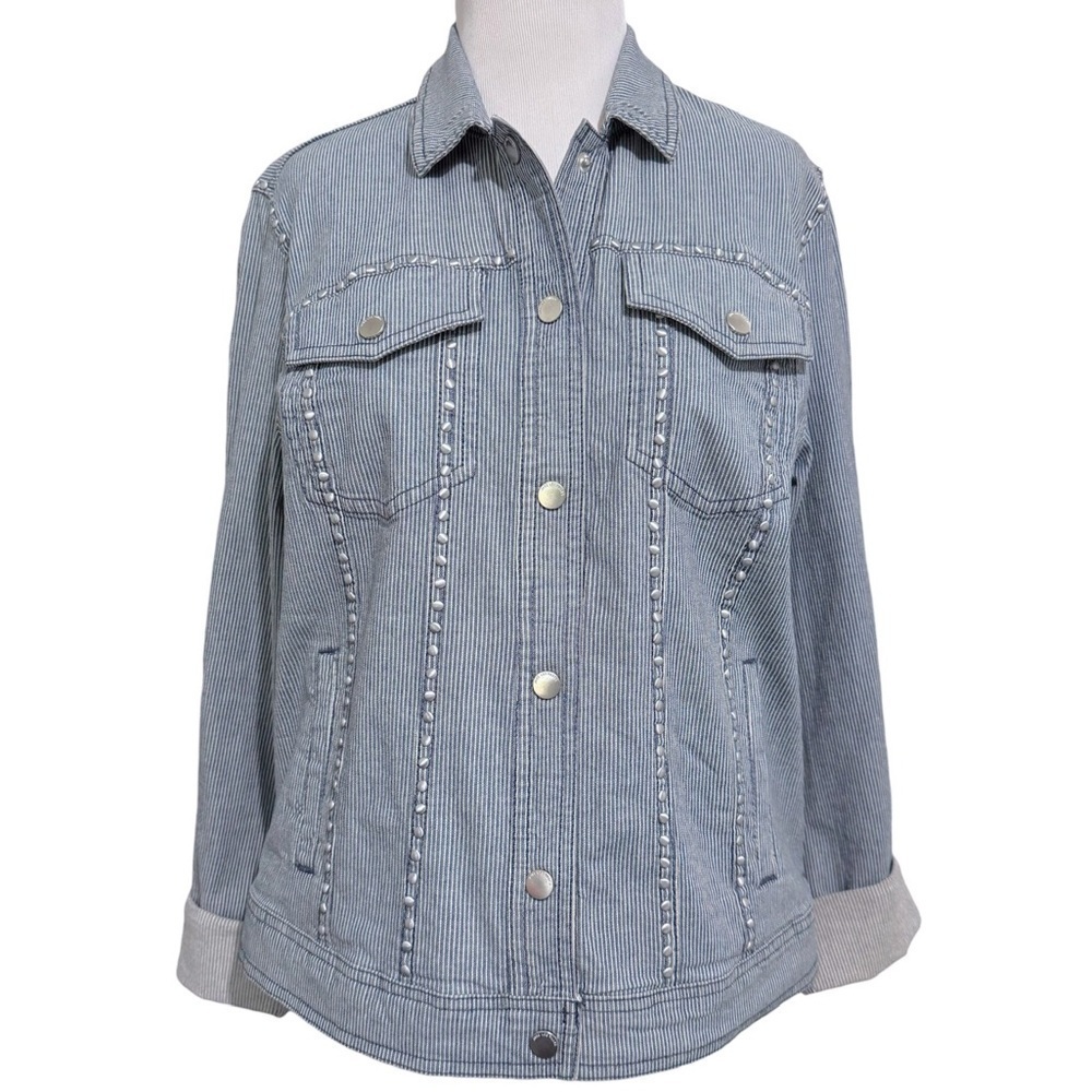 Avec Les Filles Studded Denim Shacket Jacket Striped Size Medium